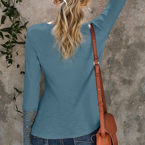 Blue Crochet Lace Hem Sleeve Button Top - Picture 6 of 10